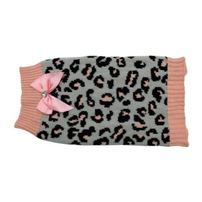 Zeez Knitted Leopard Print Dog Sweater With Bow Grey/Pink 1 X Xxlarge